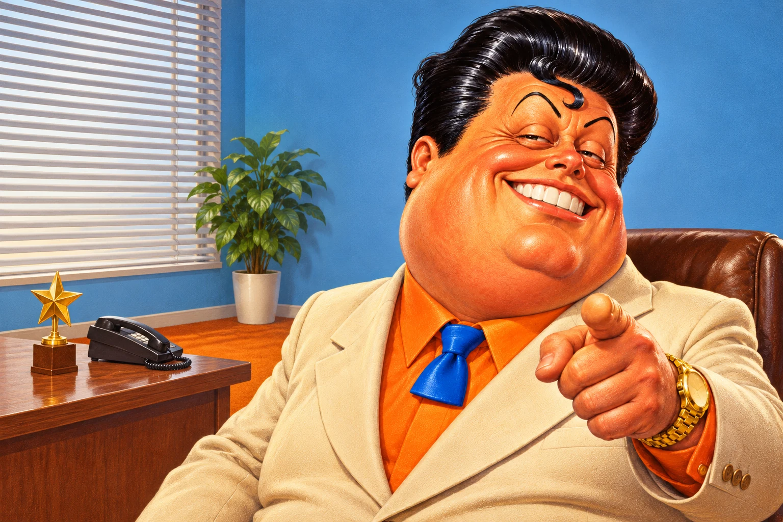 Tony Phony, an airbrushed caricature with an enormous grin, glossy black hair and tiny blue tie, points at the viewer from a cheap office with a small star trophy.