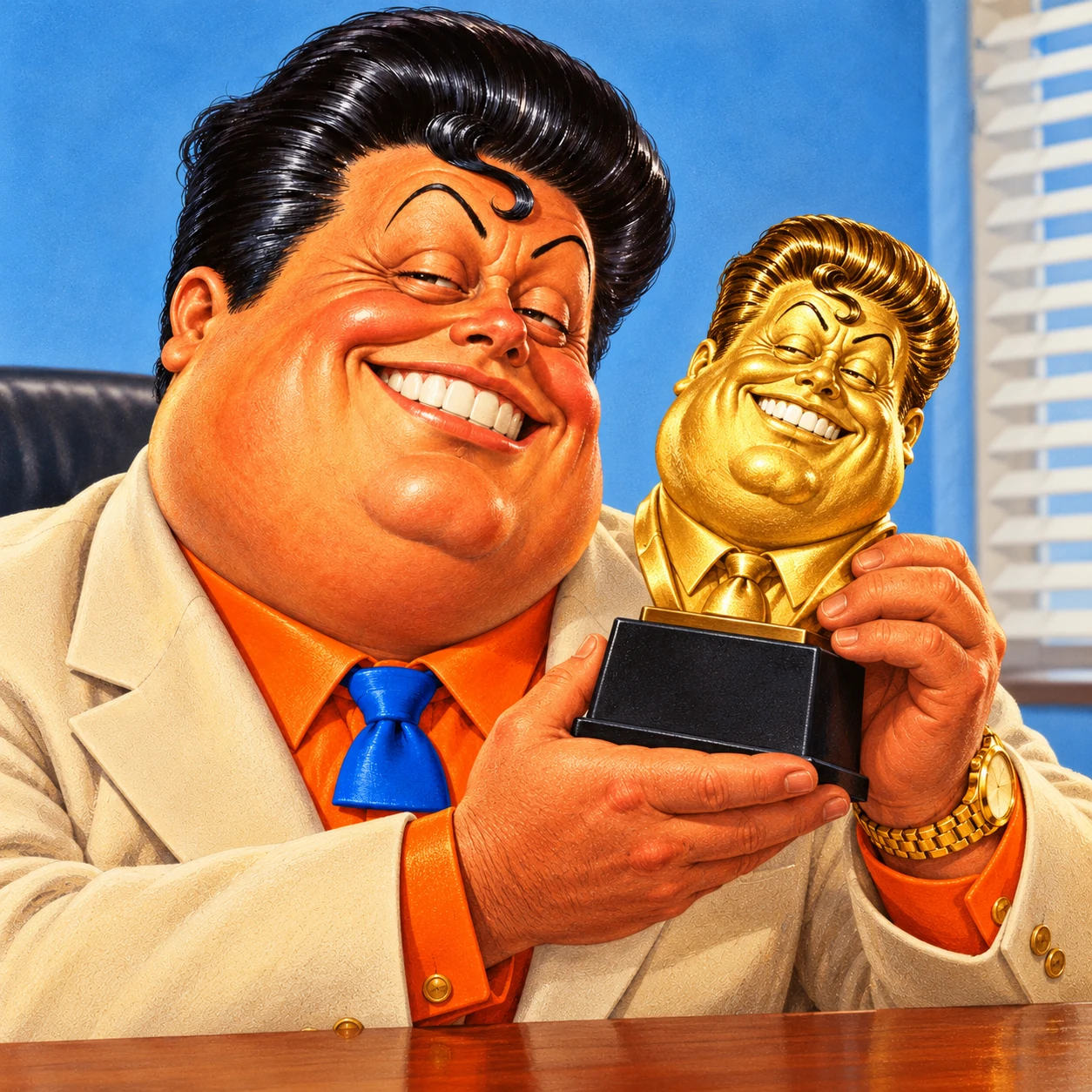 Tony, in his cream suit, orange shirt, tiny blue tie and oversized gold watch, proudly holds a gold trophy shaped like a bust of himself.