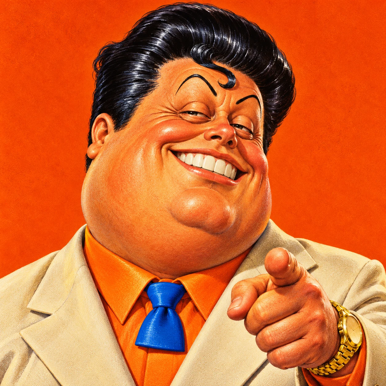 Square Tony Phony token portrait, with his enormous grin and finger pointing at the viewer against a bright orange background.